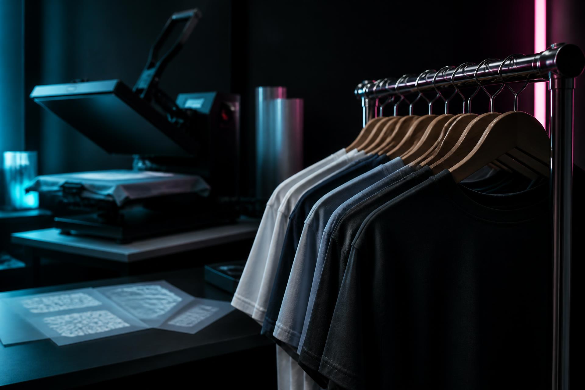 Rack of blank tees beside a heat press and DTF transfer film in the Fresh Inked Apparel print studio